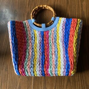 Talbots lrg braided straw Multicolor shoulder Tote Bag Bamboo Handles snap